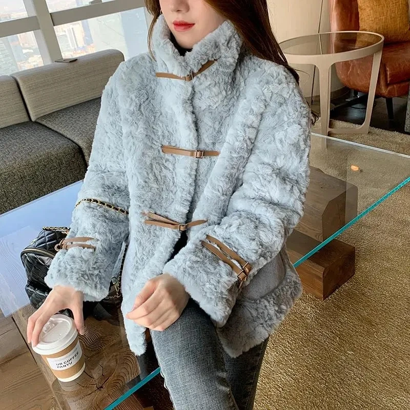 sky blue korean Winter Women Elegant Solid Faux Rabbit Fur Coats Female Soft Blue Warm Mink Fur Jackts Korean Fashion Outerwears