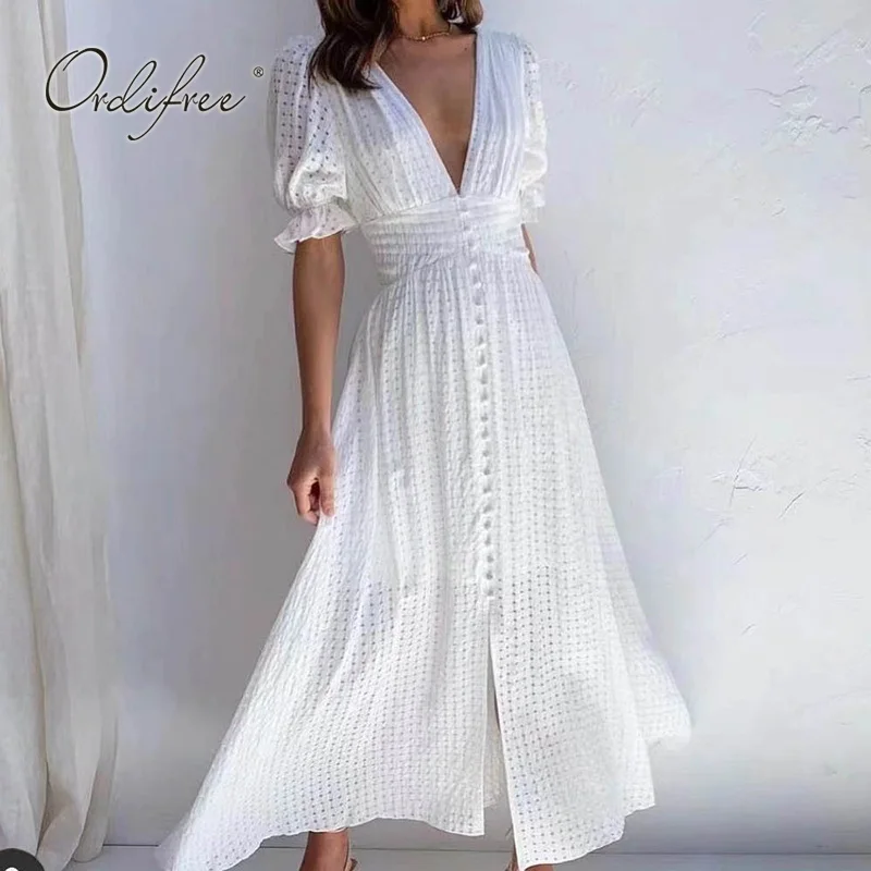 

Ordifree 2022 Summer Women Long White Dresses Short Sleeve Casual Boho Vocation Maxi Beach Dress