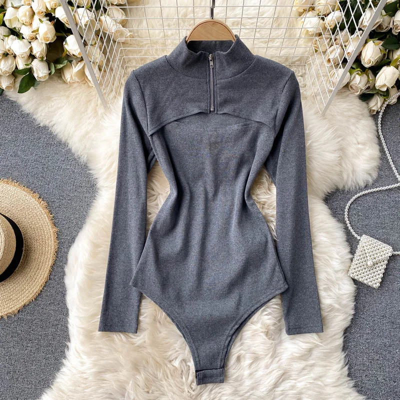 

Ins design sense light proof one-piece zipper round neck long sleeve heart machine sexy hollow women's top