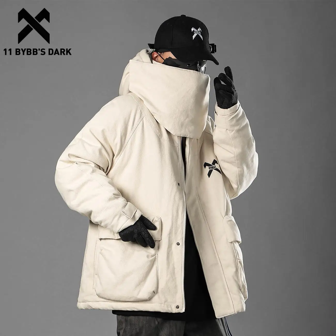 

11 BYBB'S DARK 2022 New Winter Hot Selling Men Streetwear Loose Polyester Warm Coat Detachable High Collar Fake Two Winter Coat