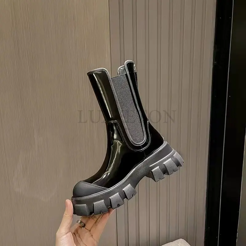 New Luxury Chelsea Boots Women Ankle Boots Chunky Winter Shoes Platform Ankle Boots Slip on Chunky Heel Boot Brand Designer