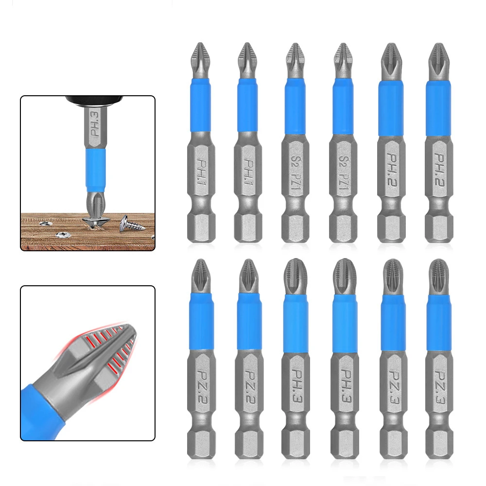 

6/12pcs 50mm PH1 PH2 PH3 PZ1/2/3 Non-slip Bit Screwdriver Bit Set Strong Magnet Phillips Electric Power Tool Accessories