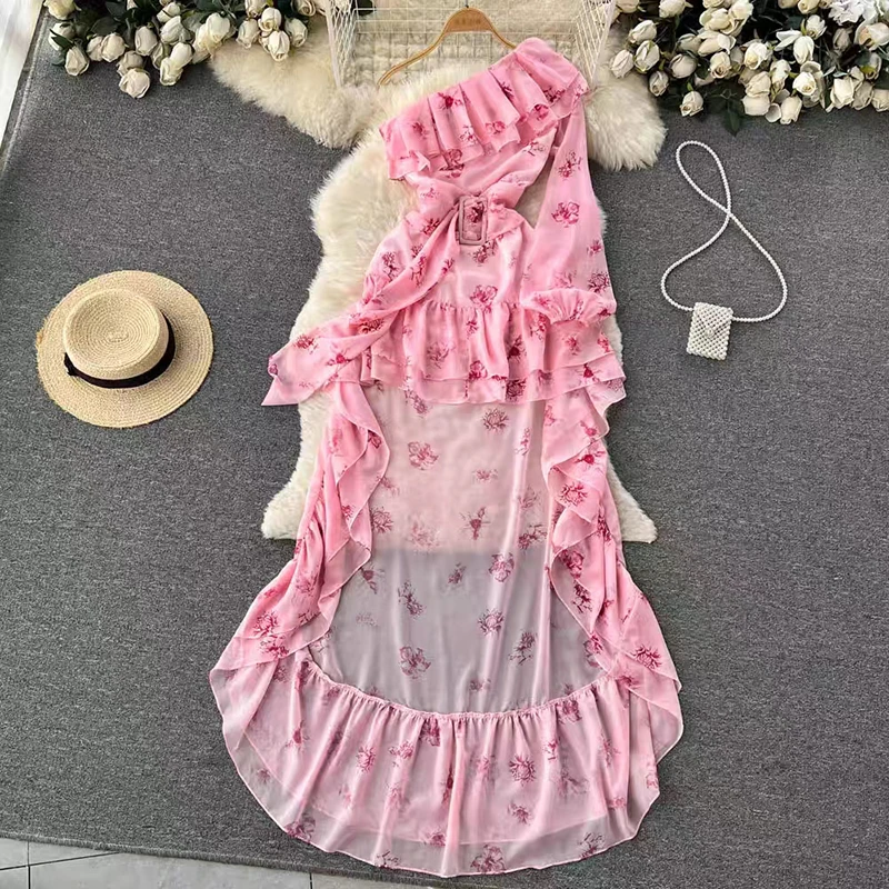 

2023 New Summer Sexy One-shoulder Dress Irregular Sweet Floral Chiffon Long Dresses Women Simple Casual Elegant vestidos