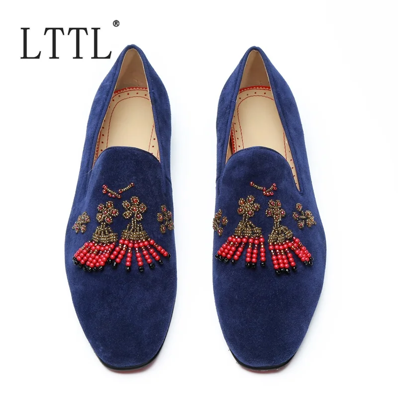 

Luxury Designer Blue Suede Leather Men Shoes Fashion Bead Tassel Loafers Floral Rhinestone Shoes Men's Red Bottom Dress Shoes