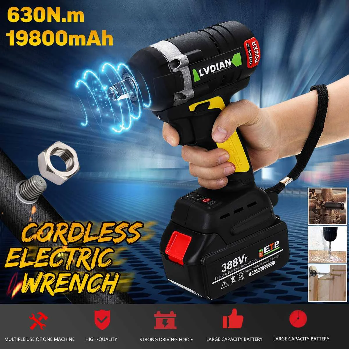 

388VF 630N.m Cordless Brushless Electric Wrench Rechargeable Li Battery Electric Wrench LED light Socket Wrench Power Tools