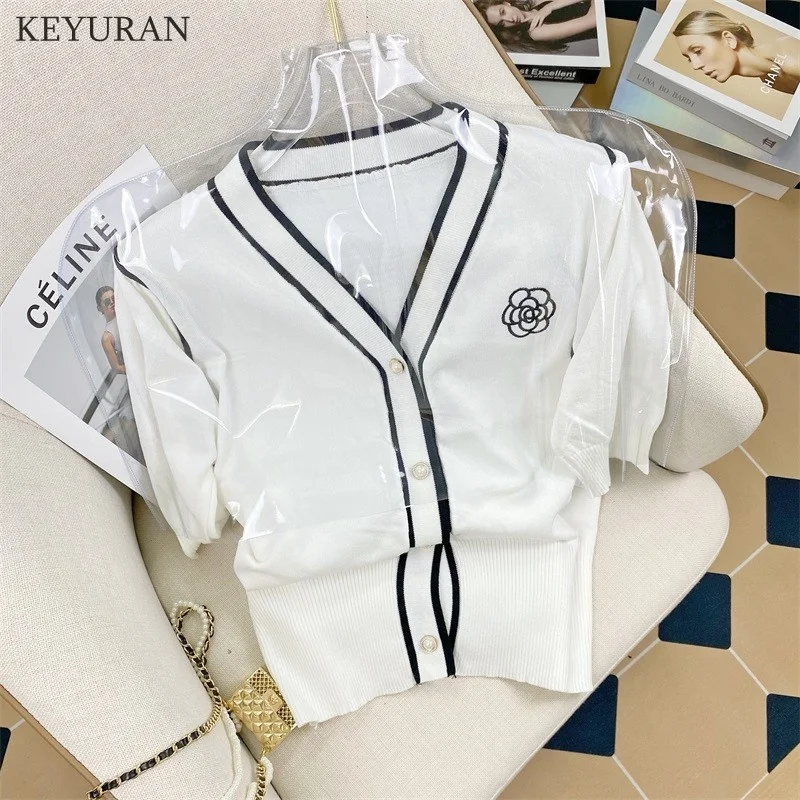 

2022 Summer Floral Embroidery Knitted Cardigan Women's Single-breasted V-neck Short-sleeved Cropped Sweater Lady Knitwear Top