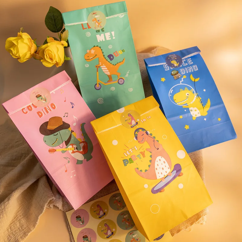 

24pcs Cute Dinosaur Packaging Bags Kids Birthday Party Gift Bag Paper Candy Favor Boxes with Sticker Birthday Party Decor