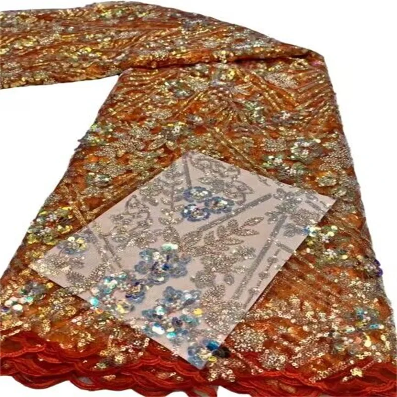 

Оранжевая Роскошная африканская кружевная ткань с блестками, отделанная бисером, 2023 цветов, нигерийская Свадебная вышивка для невесты, французское Тюлевое Шитье
