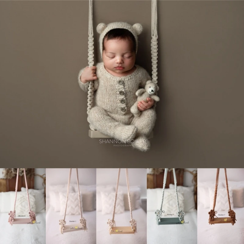 Dvotinst Newborn Baby Photography Props Wooden Boho Hanging Swing Fotografia Accessories Vintage Studio Shooting Photo Props