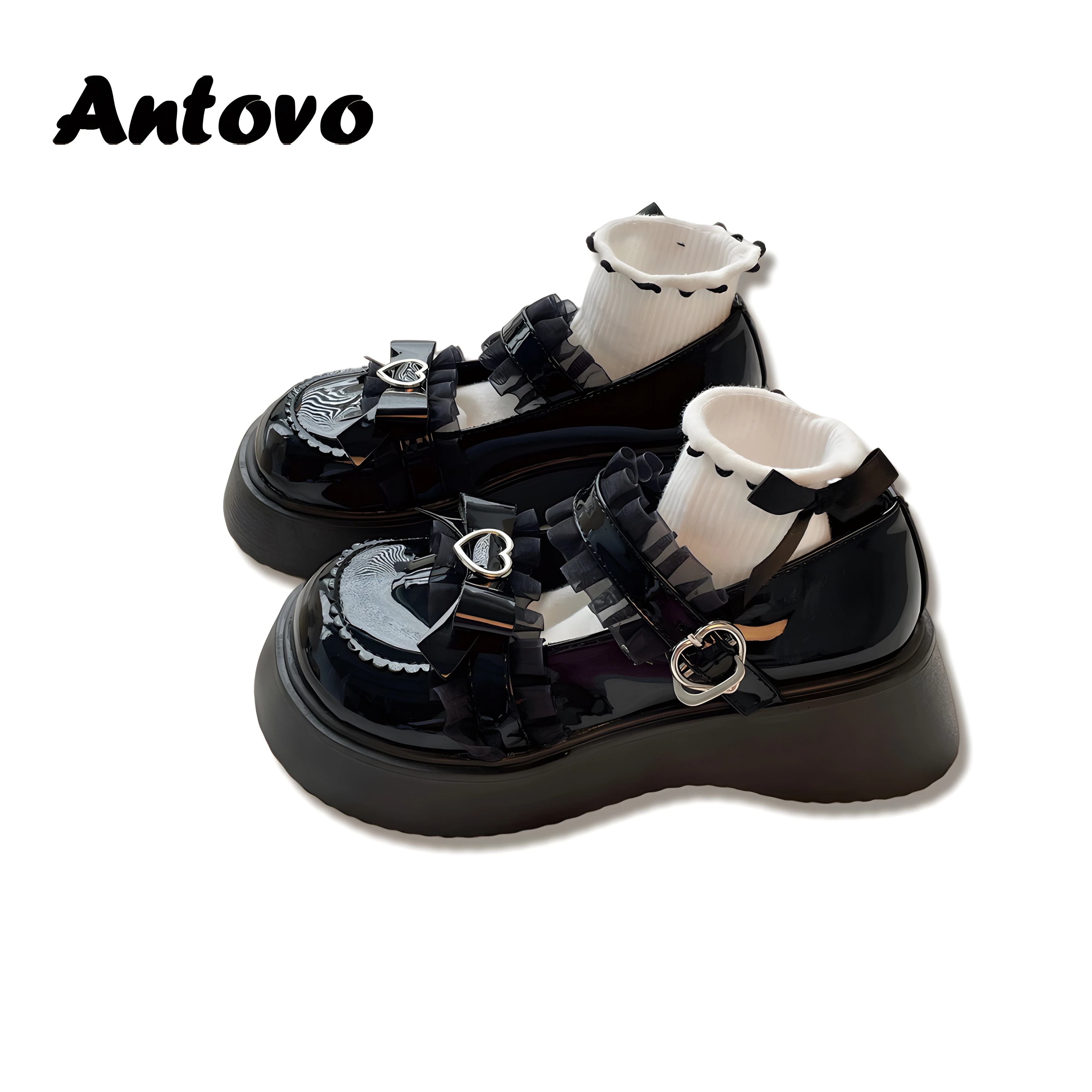 

Antovo Lolita Shoes Latform Loafers Mary Jane Shoes Women Retro British Small Leather Shoes Bow Tie Lolita Small Leather Shoes