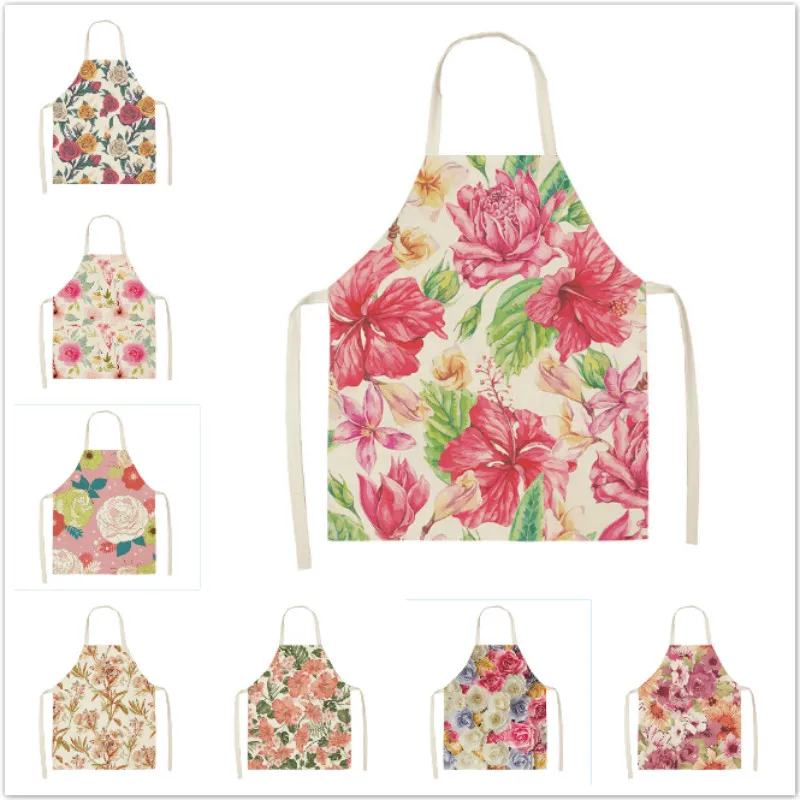 

Cotton Linen Flower Lotus Pattern Apron for Home Decorative Kitchen Restaurant Cooking Bib Aprons Delantal Cocina68x55cm/47x38cm
