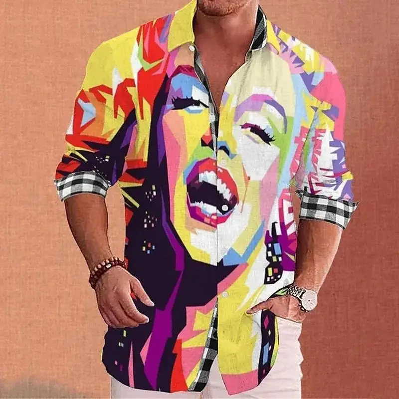 

Men's Spring and Autumn fashion lapel shirt Graffiti ink flower Butterfly print Outdoor vintage high quality material top