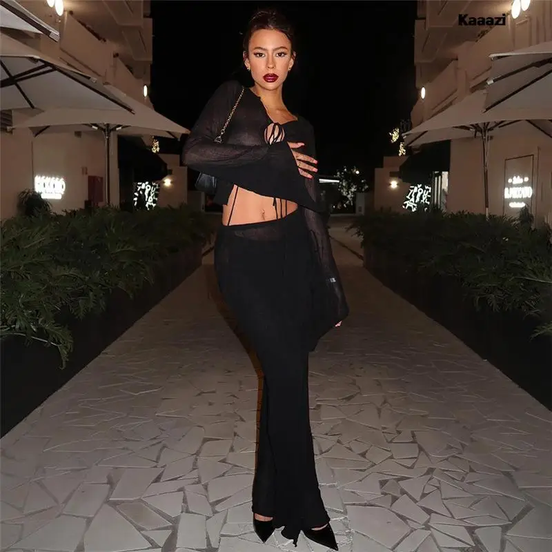 

2023 Bandage Long Sleeve Crop Top Flare Sleeve Skirt Slim Two Piece Sets See Through Sexy Summer Black Ladies Clothes Casuals
