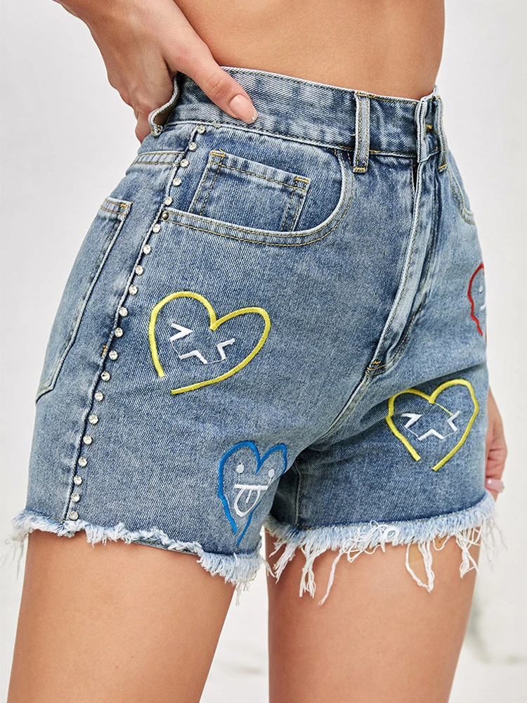 

Diamond Decoration Women Shorts Fashion Printed Tassel Jeans Denim Shorts High Waist Straight Streetwear Lady Casual Short Jeans