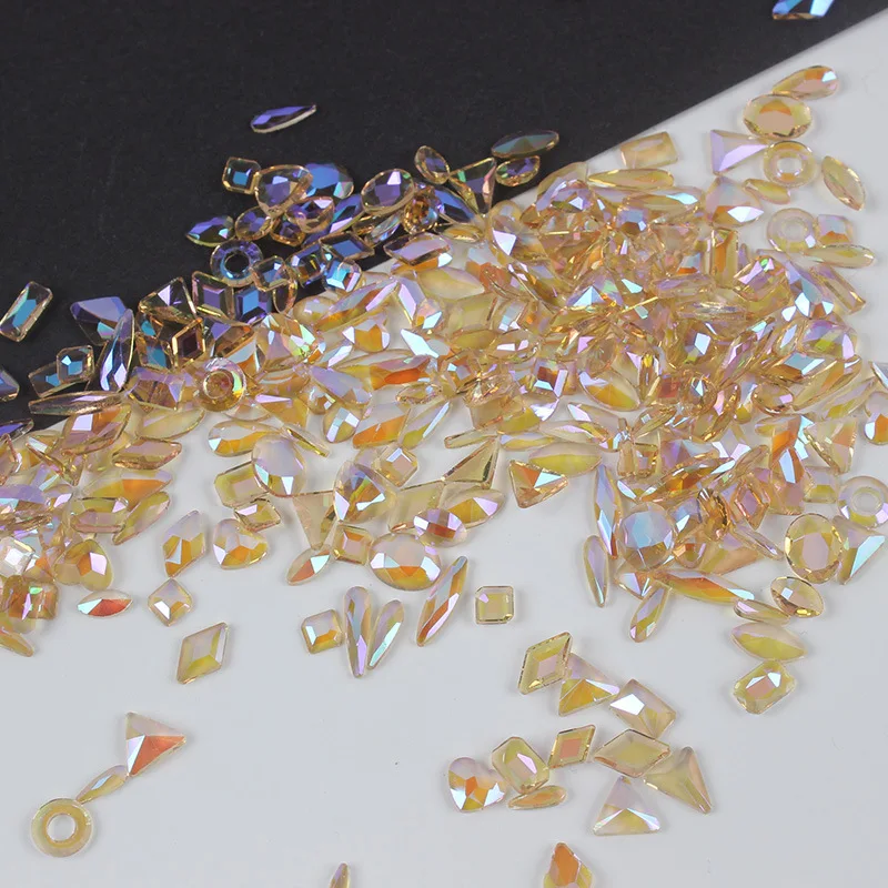 

100PCS Nail Art Bottomless Glass Jewelry Diamond Gold Phantom Water Drops Heart Shape 2022 New Various Shapes Styles Random Mix