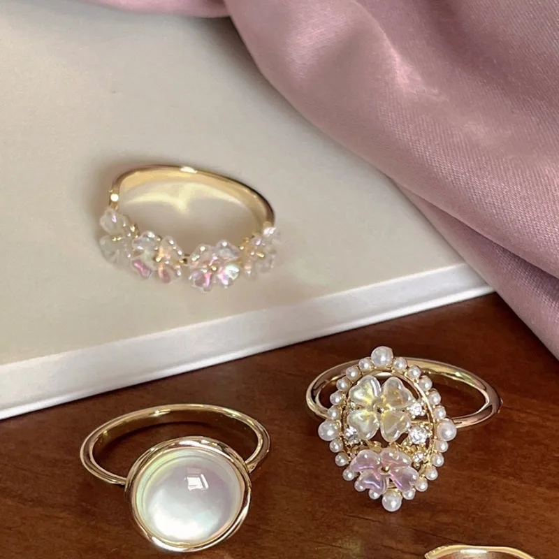 

Gold Plated Pearl Geometric Opening Ring Fashion Temperament Niche Design Sense Ring Ins Retro Hand Jewelry Women