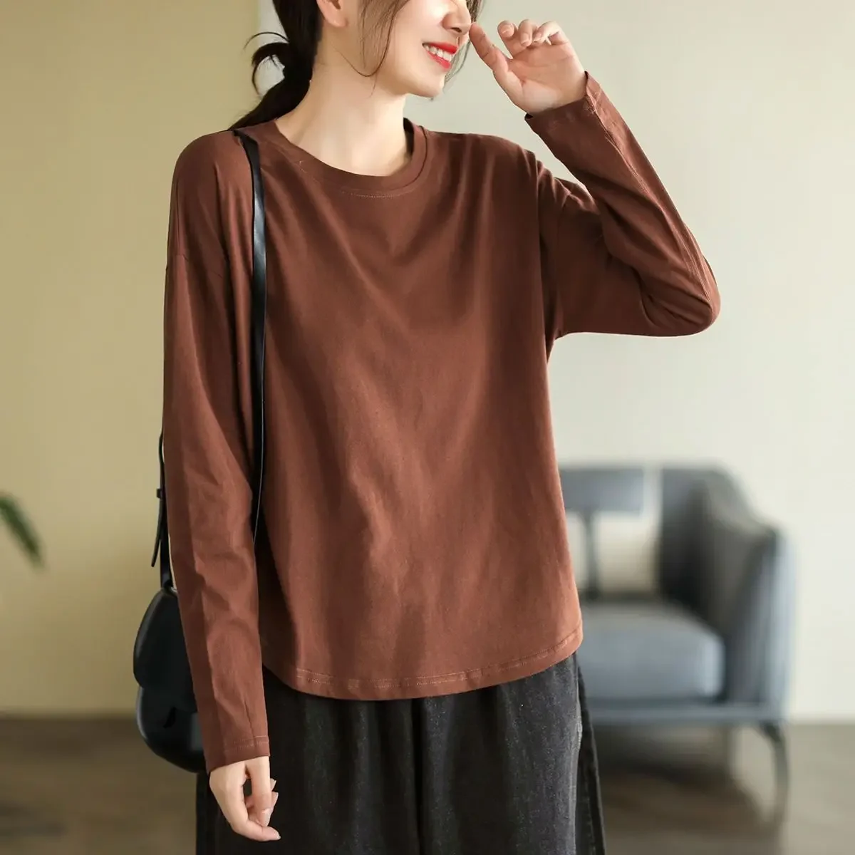 Хлопковые коричневые женские топы одежда серые футболки 2024 свободные смешные