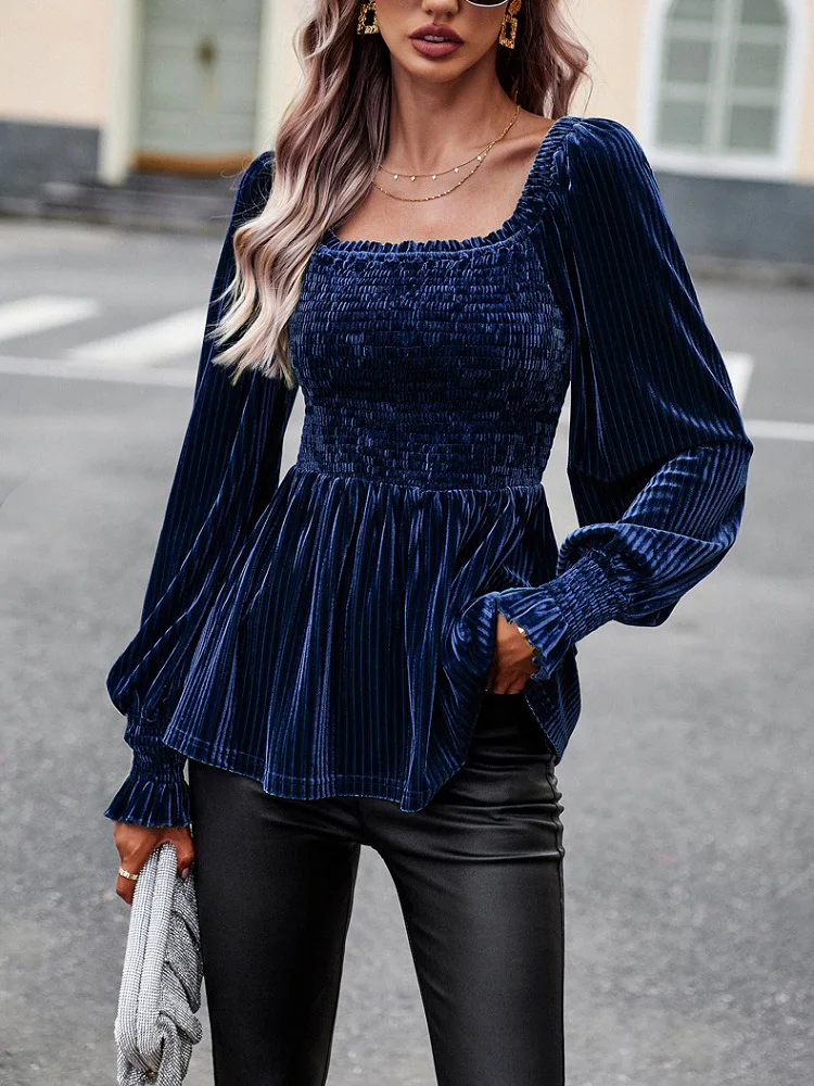 

Casual Velvet Shirts Women Autumn Square Neck Lantern Sleeve Blouse Office Ladies Elegant Fashion Solid Color Slim Streetwear