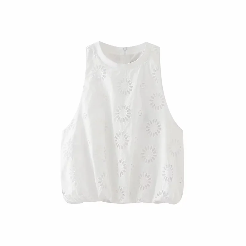 

TRAF Women White Hollow Out Embroidered Top Halter With Tonal Rib Collar Embroidered Eyelet Detail Vest Elegant Chic 2023 New