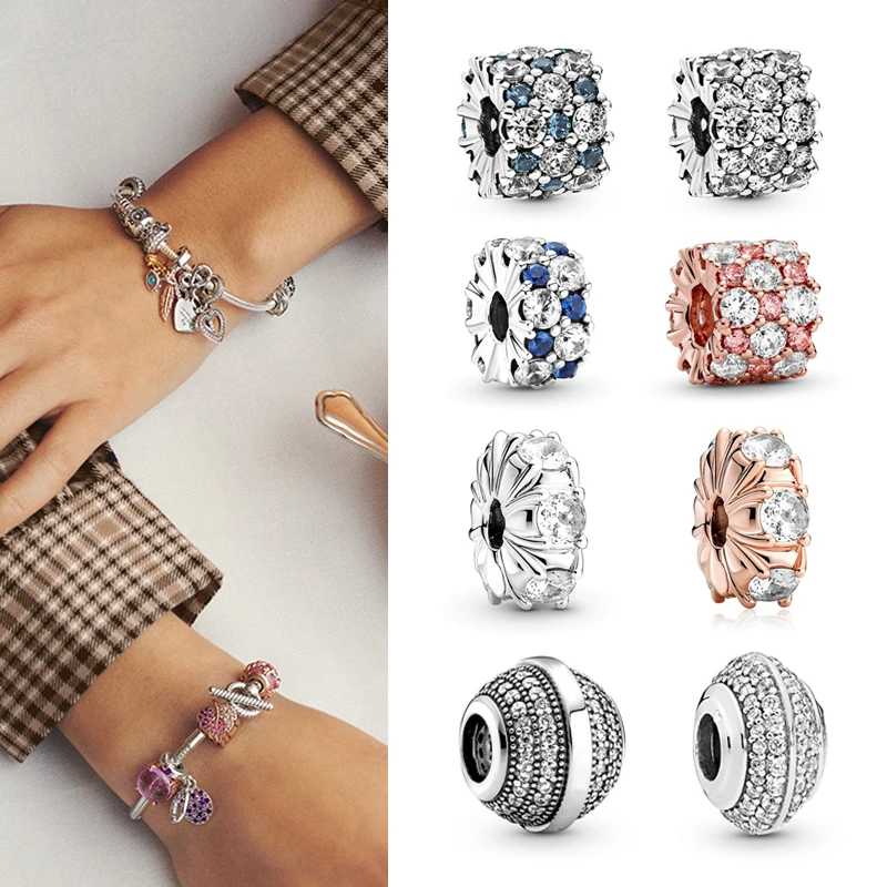 

925 Sterling Silver Pink glittering crystal beads are suitable for the original women's bracelet necklace DIY jewelry