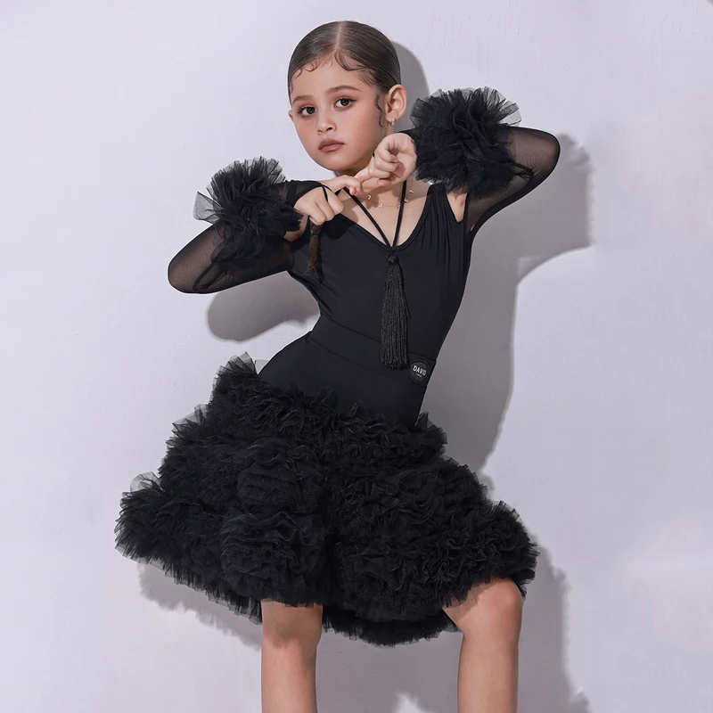 

Высококачественная одежда для конкурсов латиноамериканских танцев для девочек, Женская юбка с пушистыми вставками, детское платье для выступлений и латиноамериканских танцев