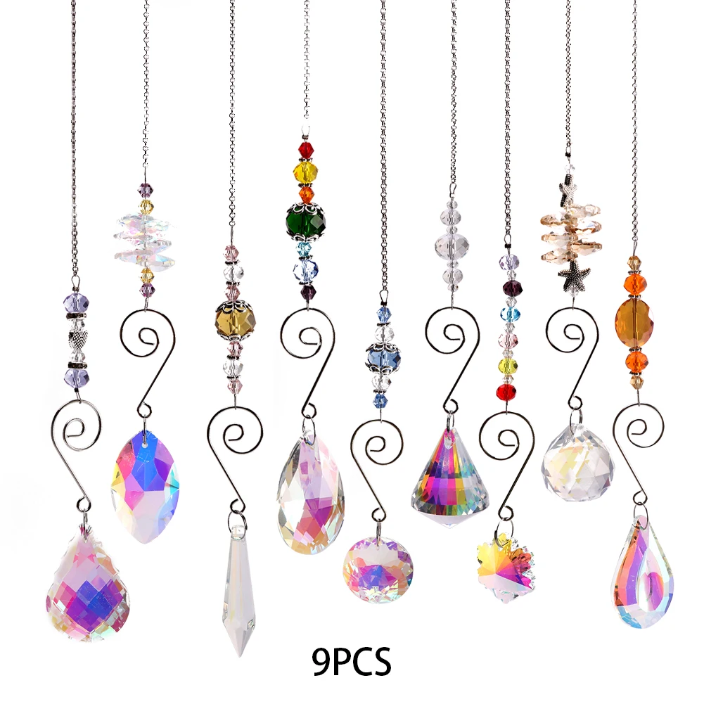 

9pcs Chain Light Pendant Sun Catcher Rainbow Maker Beads Home Colorful Crystals Chandelier Lamp Office DIY Hanging Gift Garden