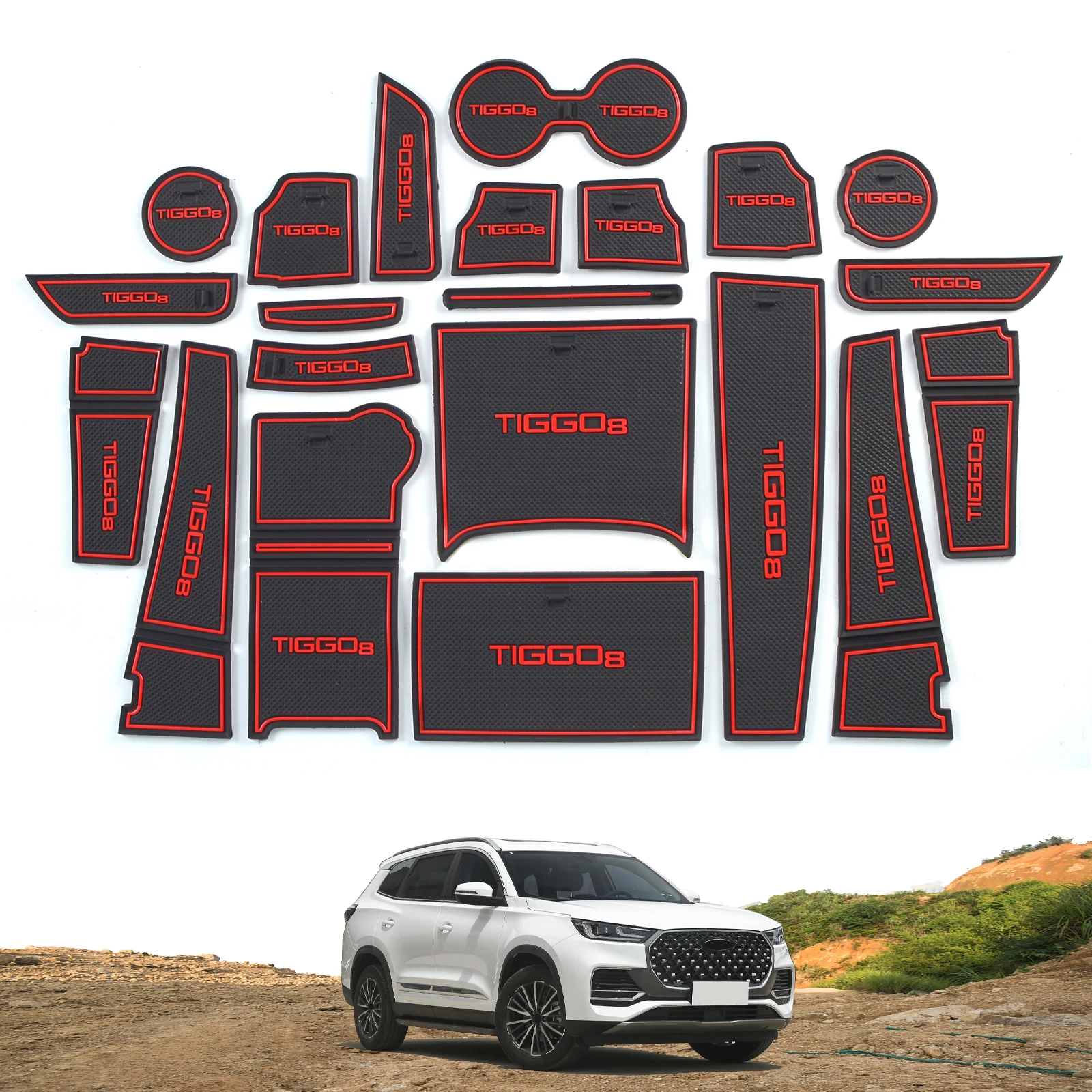

ZUNDUO Anti-Slip Car Gate Slot Mat for Chery TIGGO 8 PRO e+ 2021 - 2023 Non-Slip Door Groove Pad Cup Holder Interior Accessories