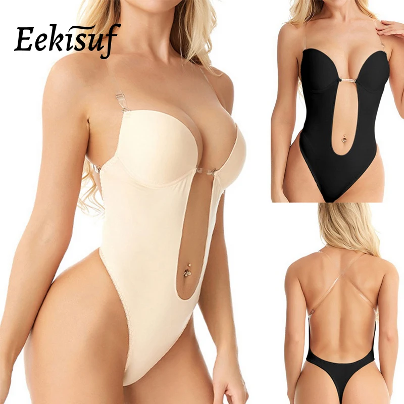 Eekisuf Women Sexy Full Bodysuit Shapewear Deep V-Neck Backless U Plunge Thong Waist Trainer Invisible Padded Push Up Corset