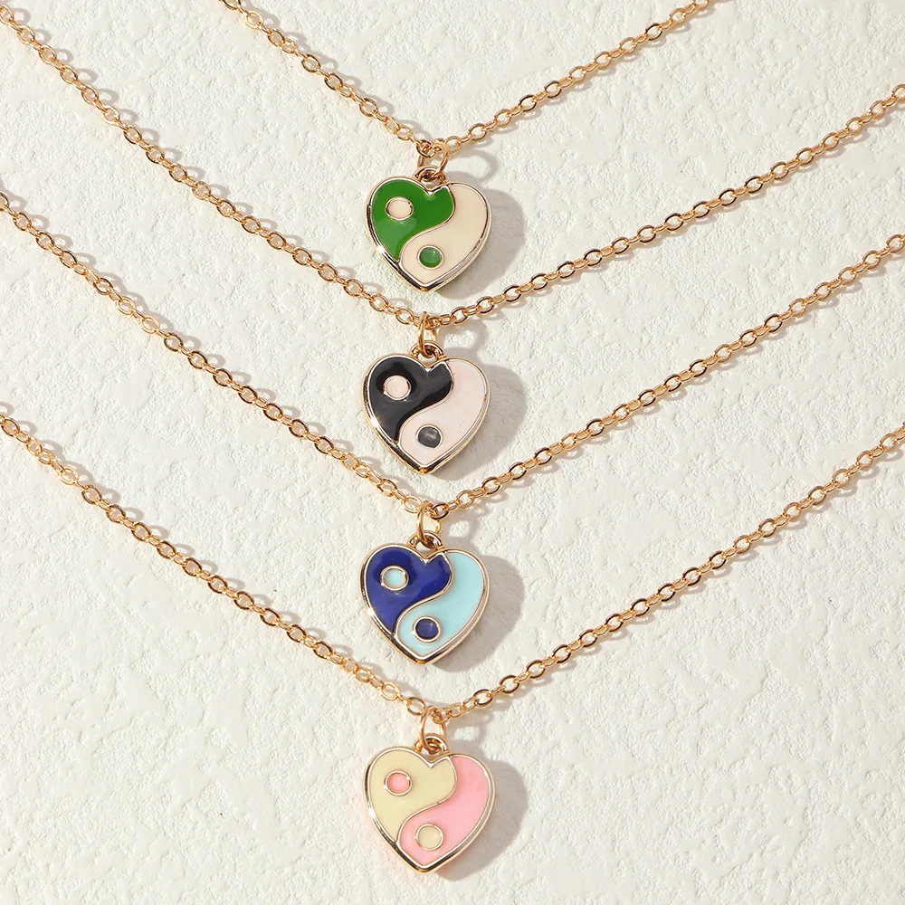 

Sweet Cool Yin Yang Tai Chi Necklace Trendy Colorful Oil Drip Love Gossip Heart Pendant Neck Chain Necklaces Jewelry For Womens