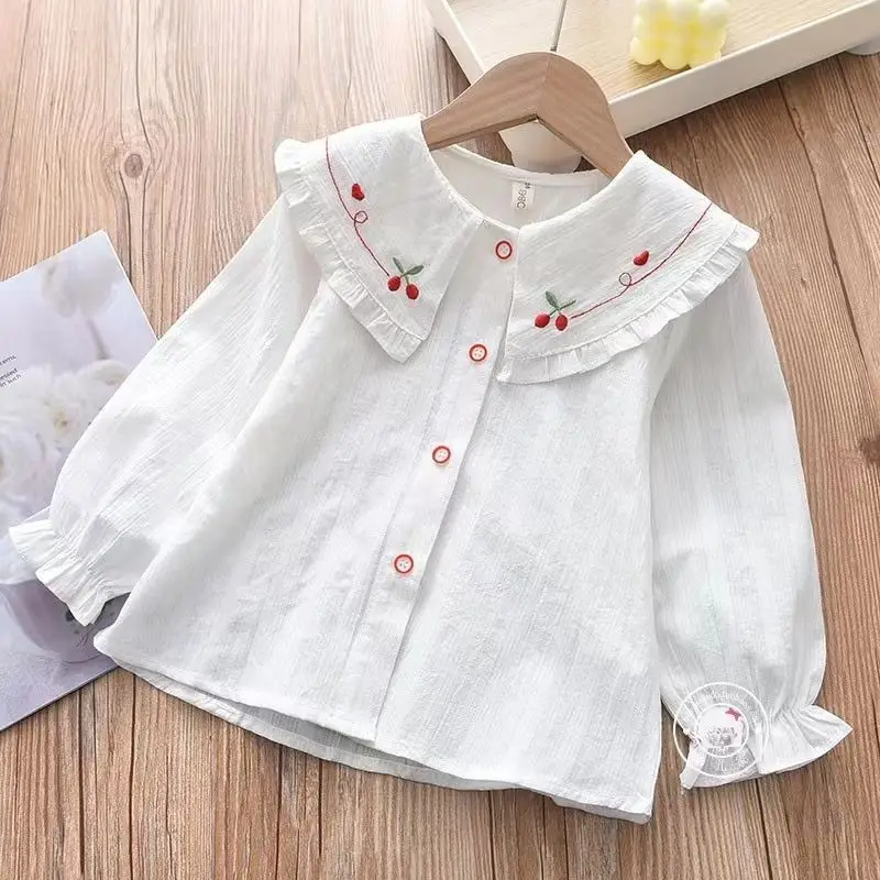 

2-9Y Girls Baby Lapel Shirt Spring and Autumn Children's Solid Color Korean Version Cotton Long Sleeved Shirt Top White