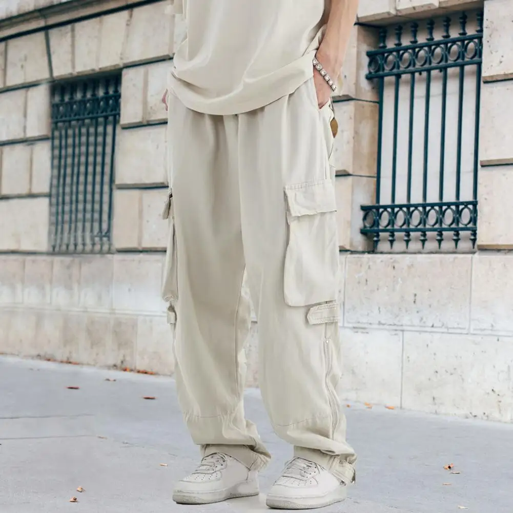 

Men Cargo Pants Zipper Decor Loose Wide Leg Straight Multi Pockets Solid Color Full Length Drawstring Elastic Waist Streetwear M