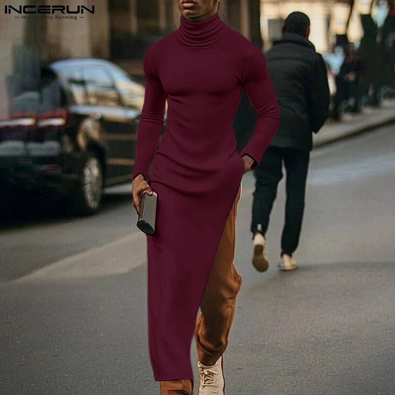 INCERUN однотонные пуловеры с длинными разрезами 2024 мужские повседневные вязаные