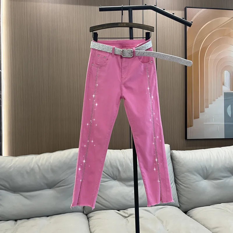 

Hot Rhinestone Bright Color Denim Pants Female 2023 Spring Summer New High Waist Straight Jeans Heavy Industry Split Burrs Pants