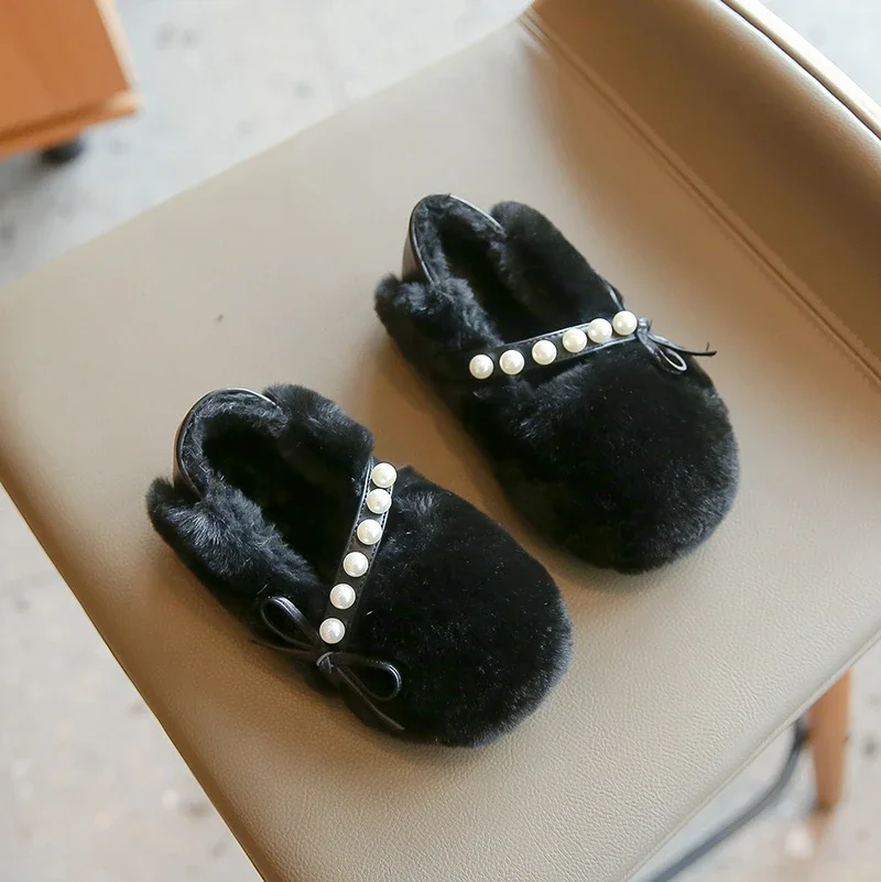 

Girls Casual Shoes Versatile Soft Pearls with Bow Round-toe Simple Solid Color 2023 Children Moccasin Shoes for Party Wedding