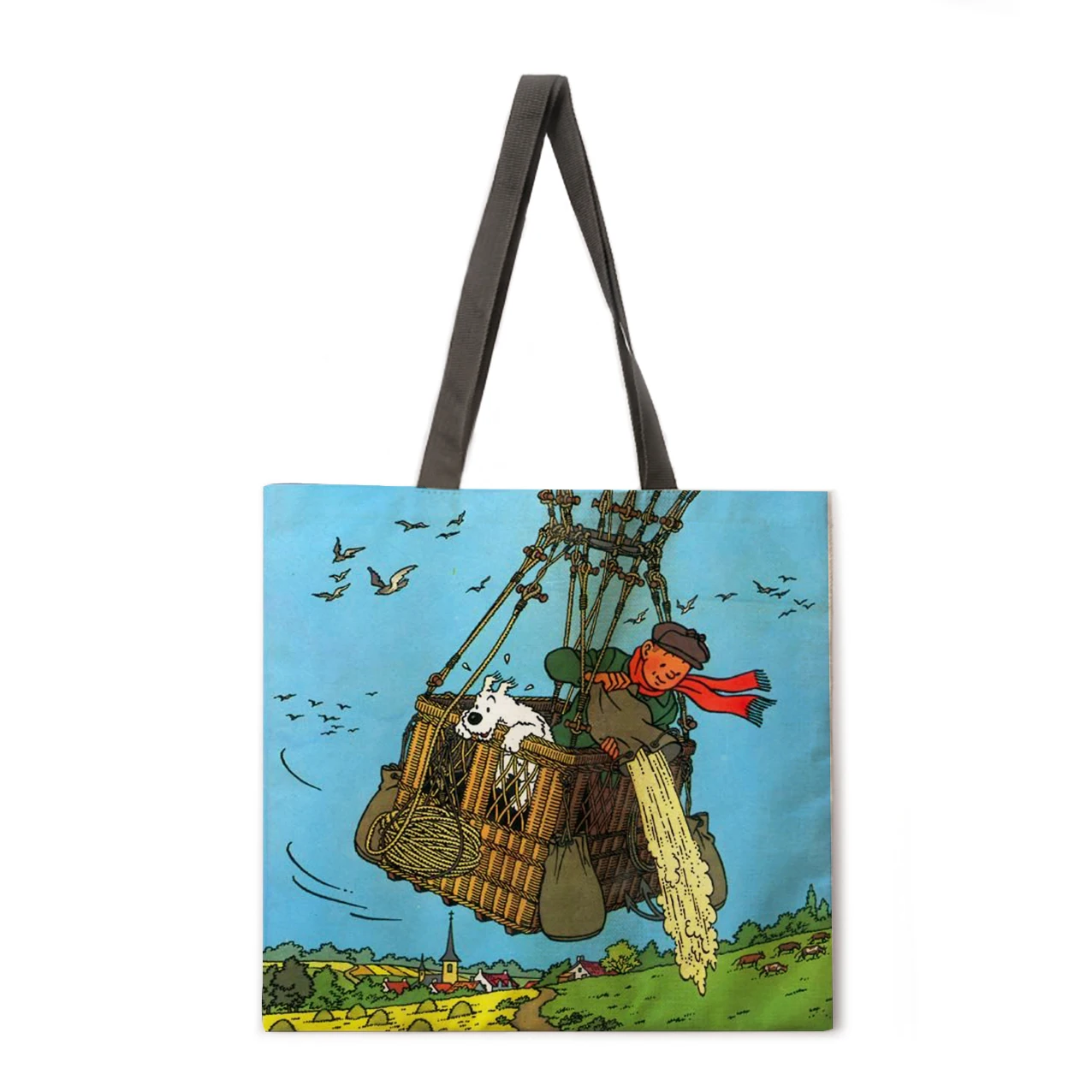 Anime comics print hand bag linen casual handbag foldable shoulder shopping bag bag reusable women beach bag