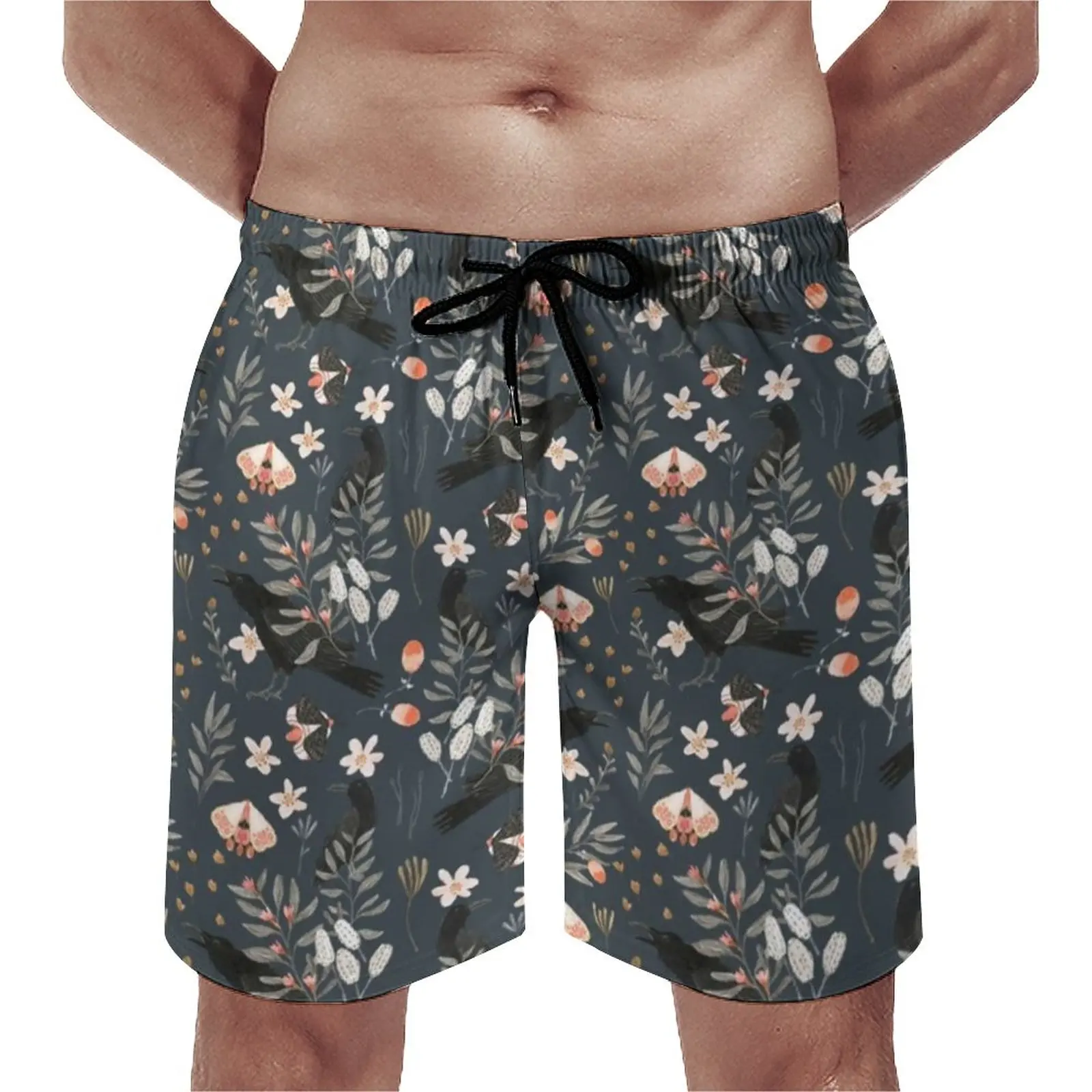 

Floral Print Butterfly Gym Shorts Black Crow and Butterflies Cute Board Short Pants Graphic Sports Surf Quick Dry Beach Trunks