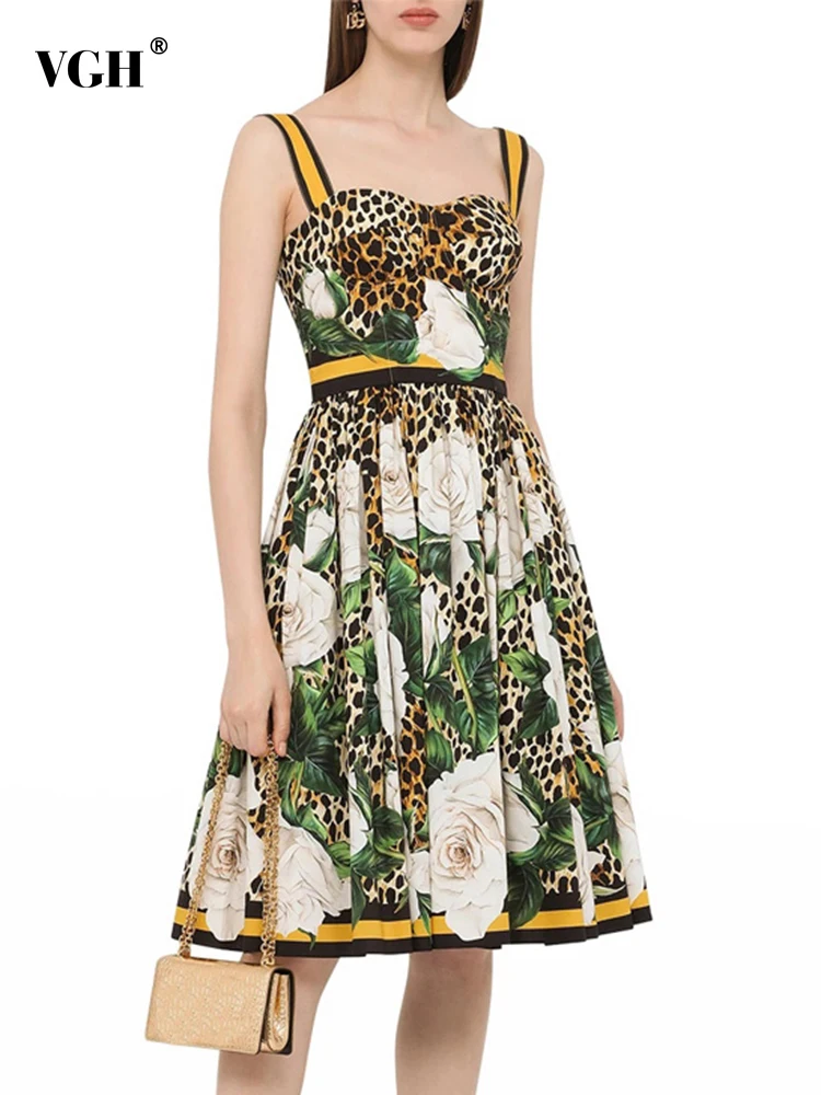 

VGH Sexy Fashion Leopard Sling Dress For Women Square Collar Sleeveless Print Colorblock Mini Dresses Female 2022 Clothing Style