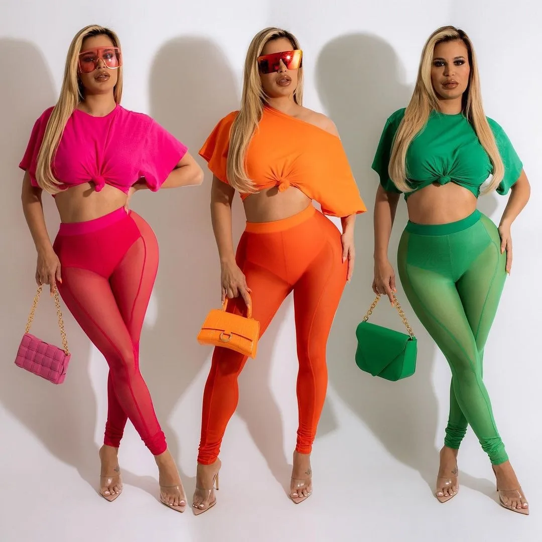 

Women's 2022 Summer Sexy Perspective Mesh High Waist Hip Raise Navel Short T-Shirt Two-piece Set