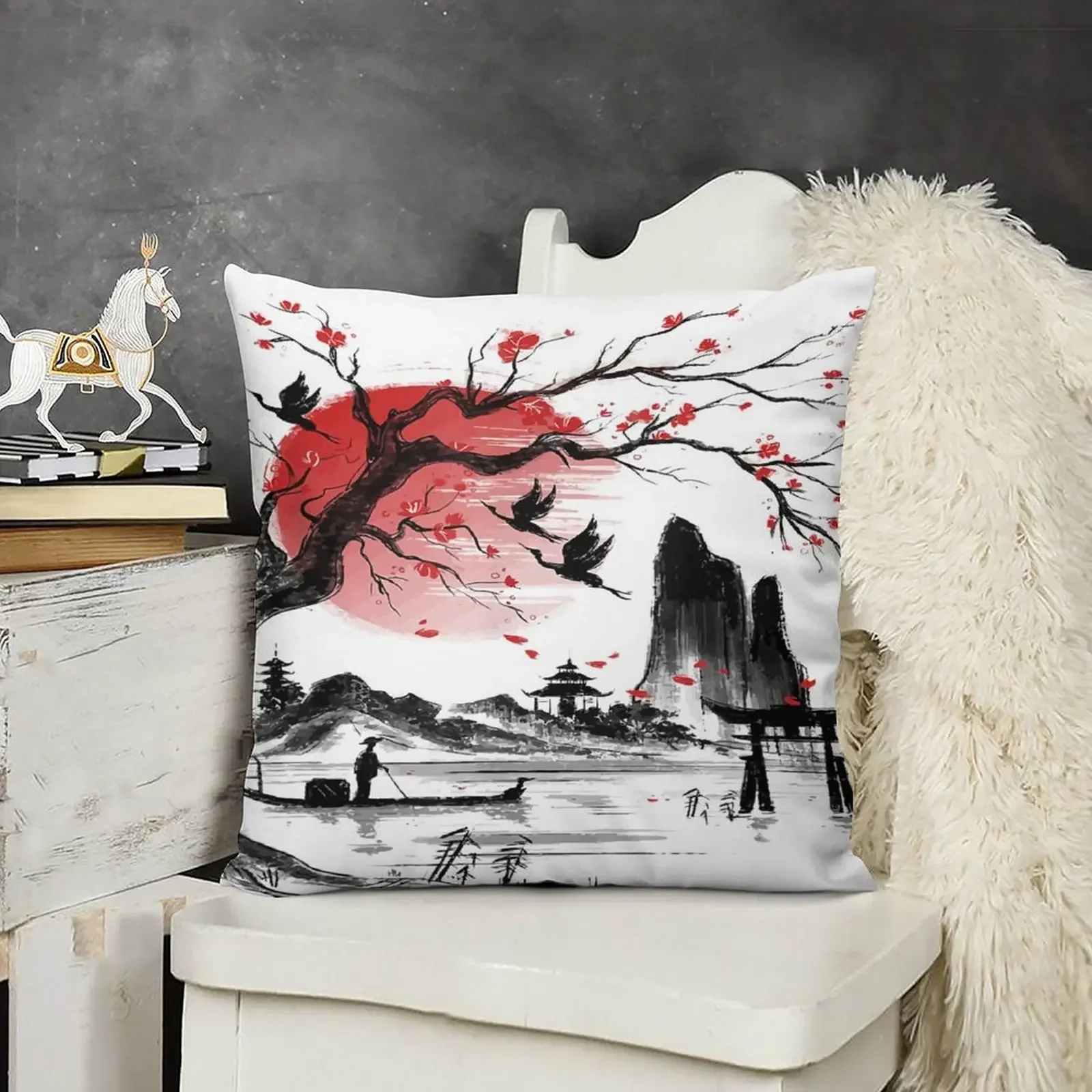 Японское дерево красная луна с птицами летающая в фоне декоративная подушка