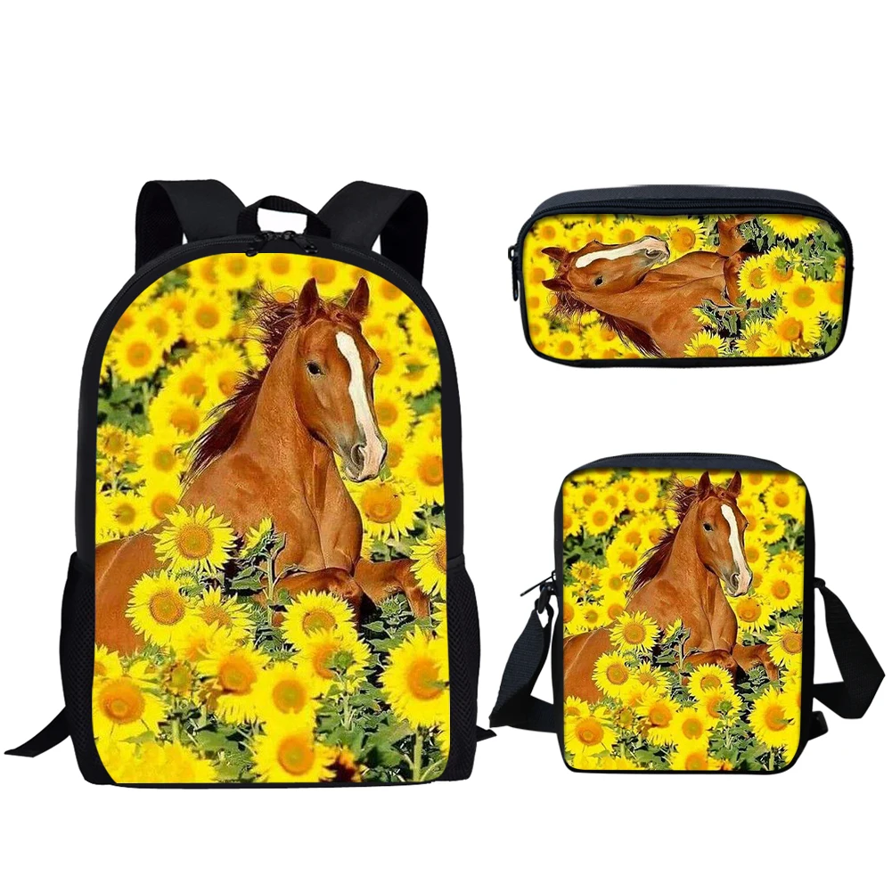 Belidome Sunflower Horse Print 3Pcs School Bags for Teen Boys Girls Casual Backpack for College Student Bookbag Mochila Infantil