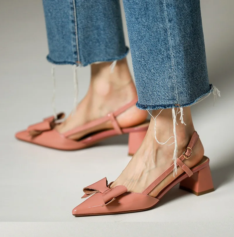 

Woman Elegant Bowknot Shoes French Style Women Vintage Slinbacks Spring Autumn Cow Patent Pumps Pointed Toe Summer Sandals