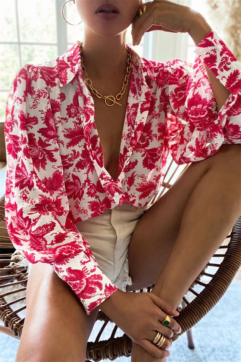 

New Spring Floral Women Blouse Elegant Office Lady Vintage Printed Shirts Loose Lantern Sleeve Casual Streetwear Tops Fashion