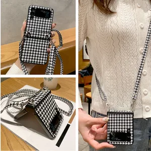 luxury qianniao lattice shoulder strap phone case for samsung galaxy z flip 3 5g fold pu leather and pc hard 3 and 1 cover free global shipping