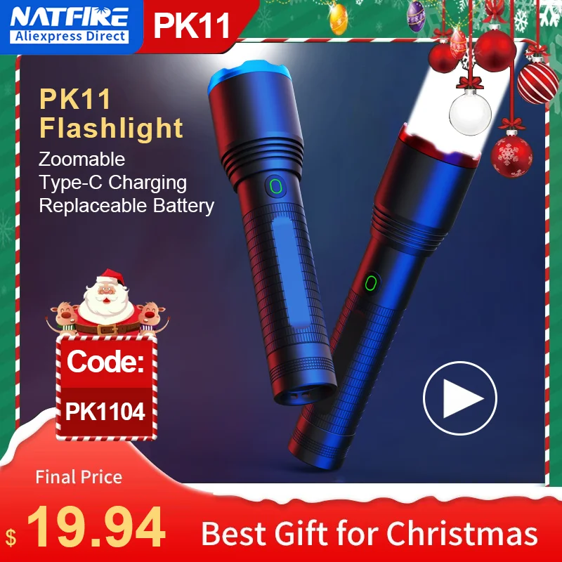Фонарик NATFIRE PK11 с USB, масштабируемый, 21700, 18650, Type C, перезаряжаемая лампа, яркий светодиодный фонафонарь, 5050, светодиодный водонепроницаемый фо...