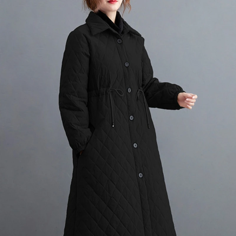 Women's Winter 2021 Fashion New Quilted Cotton Cardigan Long-sleeved Stand-up Collar Solid Color Wild Literary Retro Long Coat