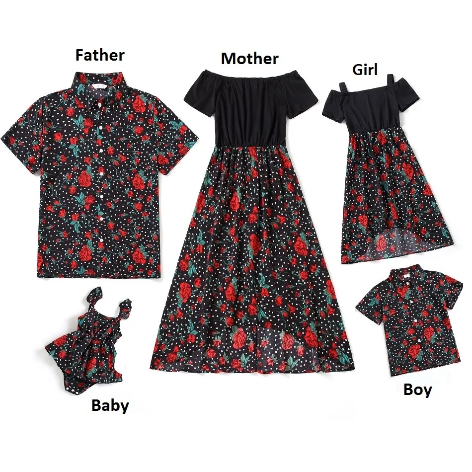 

Summer Family Matching Outfits Look Boat-Neck Mother Daughter Dresses Flower Mommy and Me Clothes Father Son Shirts Baby Romper