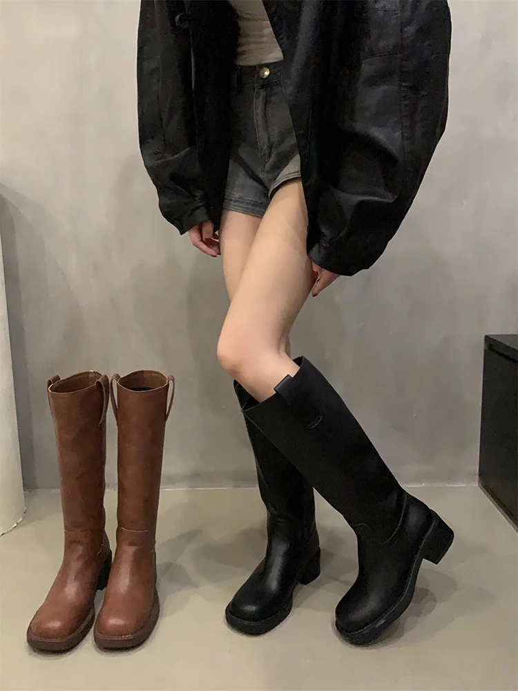 

Женские сапоги с круглым носком, Сапоги выше колена на высоком каблуке, Осенняя обувь на платформе, 2023