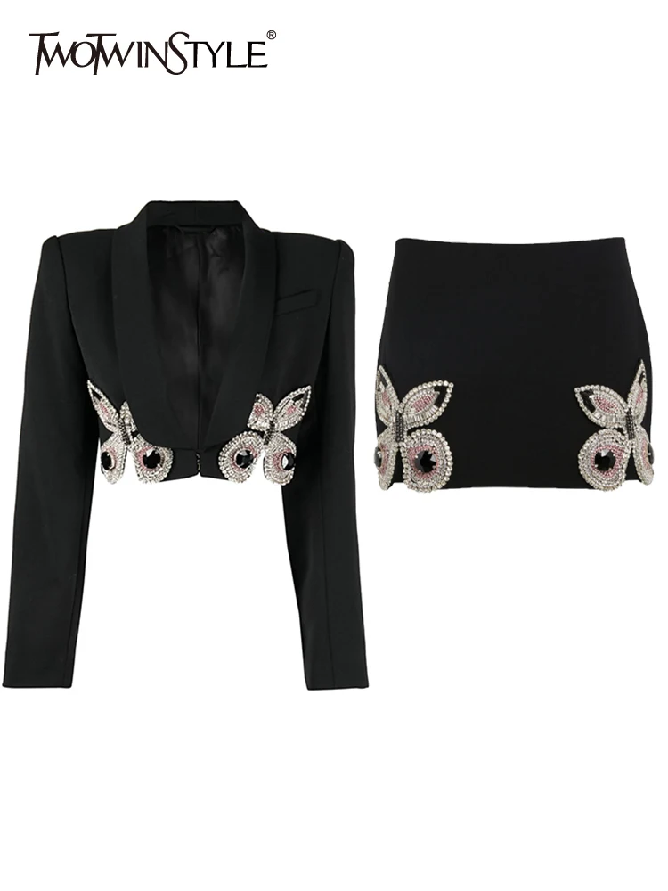 

TWOTWINSTYLE Patchwork Diamonds Two Piece Sets For Women Notched Collar Long Sleeve Top High Waist Mini Skirt Slim Set Female