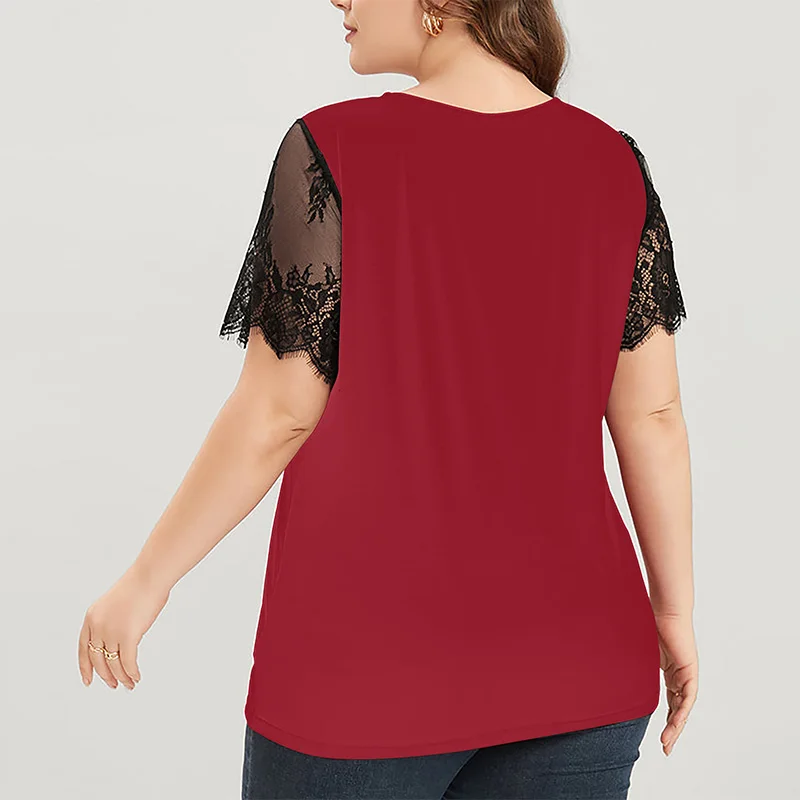 Lace Patchwork Solid T-Shirt Crew Neck Fashion Gradient Color Short Sleeve Hook Flower Hollow Pullover Plus Size Tops Women