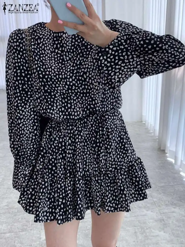 

2022 Chic O Neck Vestido ZANZEA Women's Mini Dress Spring Summer Holiday Ruffle Robe Holiday Party Beach Leopard Printed Dresses